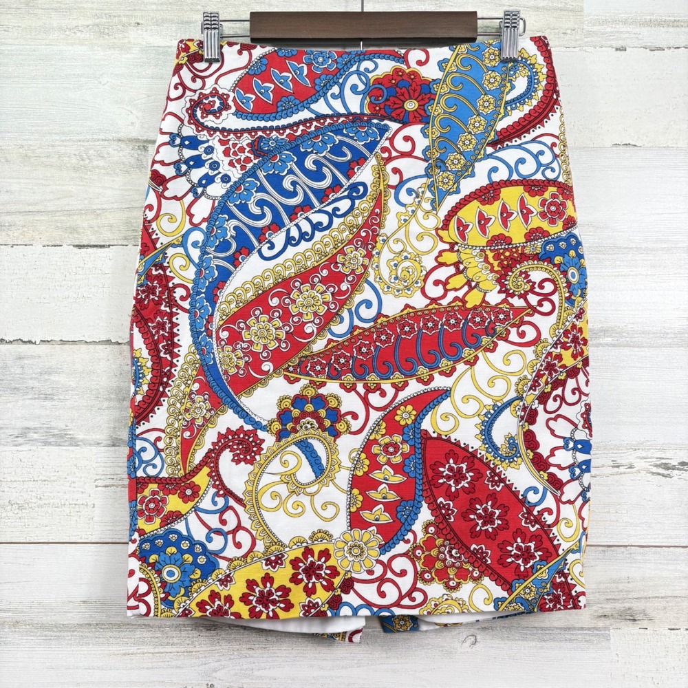 Talbots Womens Red Blue Yellow Paisley Pencil Skirt Size 6 Cotton Lyocell Blend